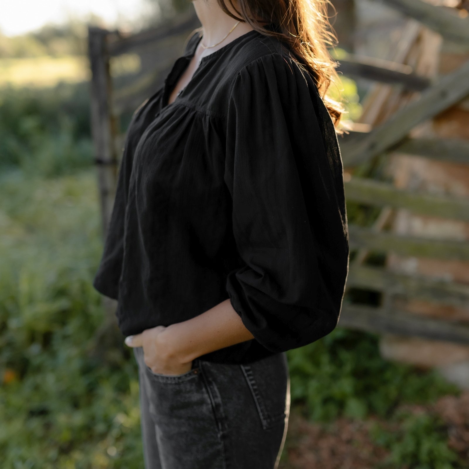 NORDLICHT Blusen Birga Jacquard Boho Bluse Schwarz luftig