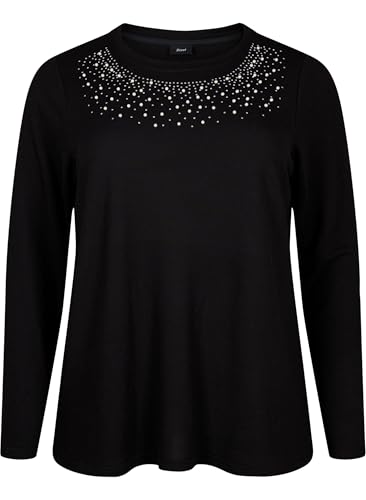 Zizzi Bluse Perlen Strass Langarm Rundhals Große Größen