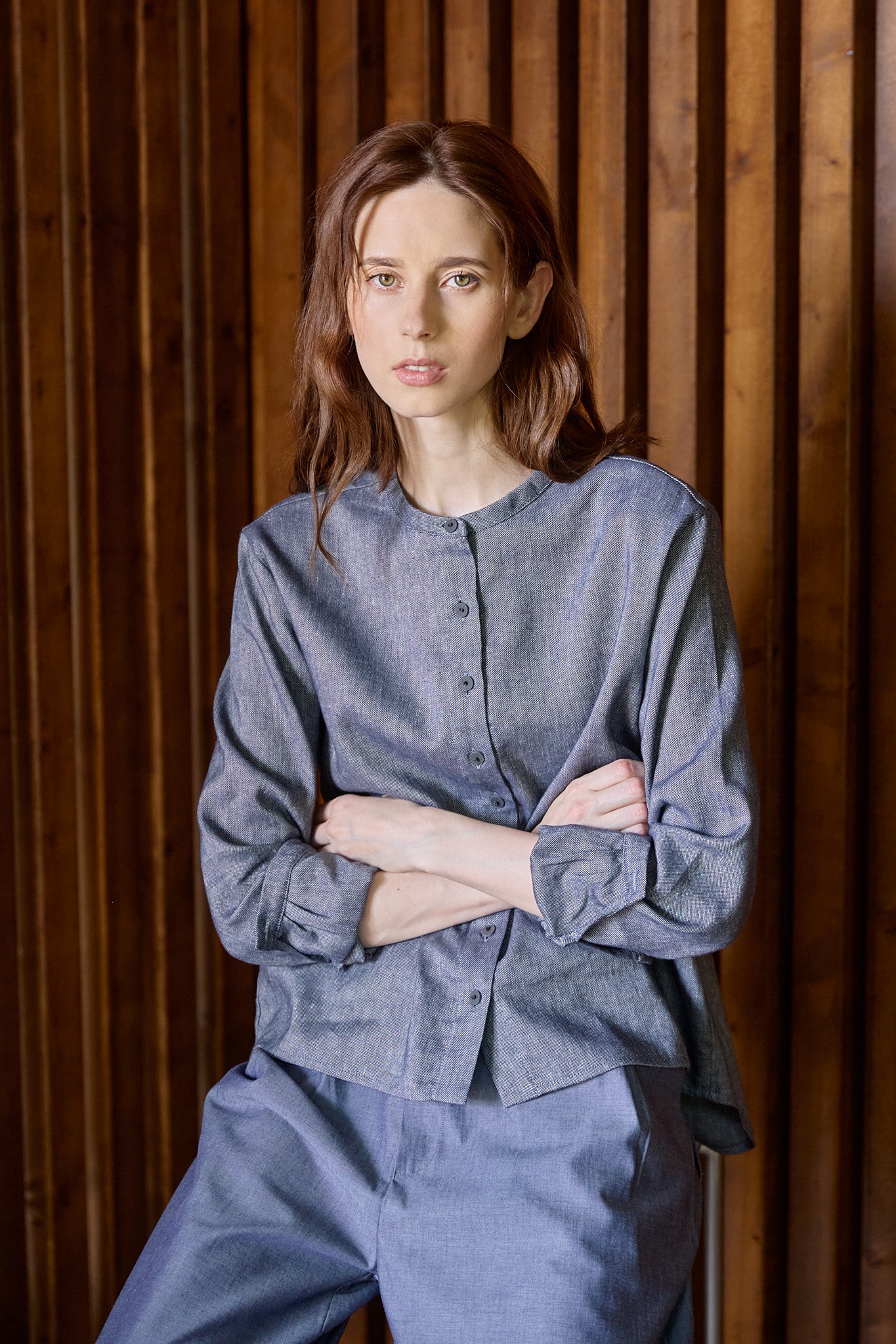Christiane Strobel ELIF Bluse Chambray-Blau Baumwolle-Leinen