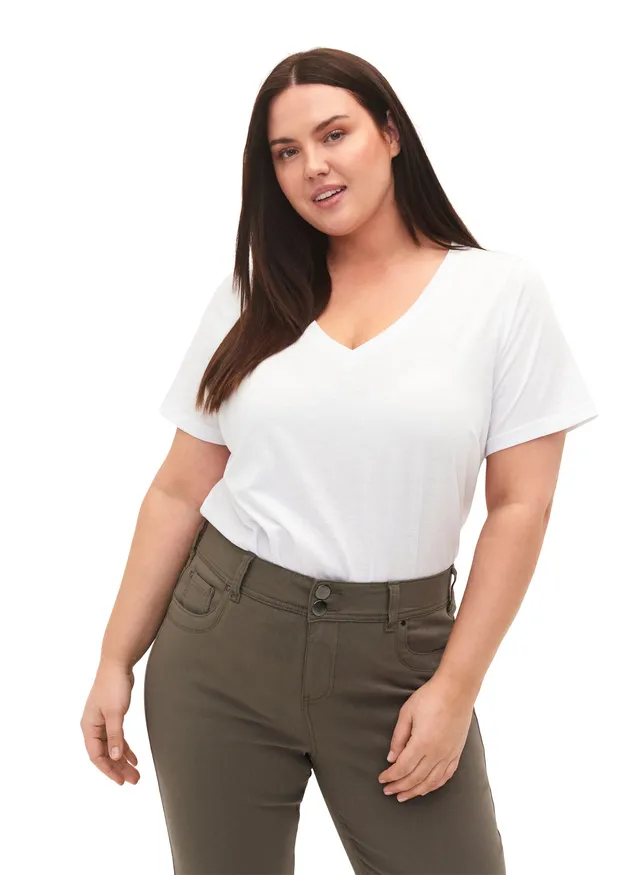 Zizzi T-Shirts Basic T-Shirt V-Ausschnitt Bright White 42-44