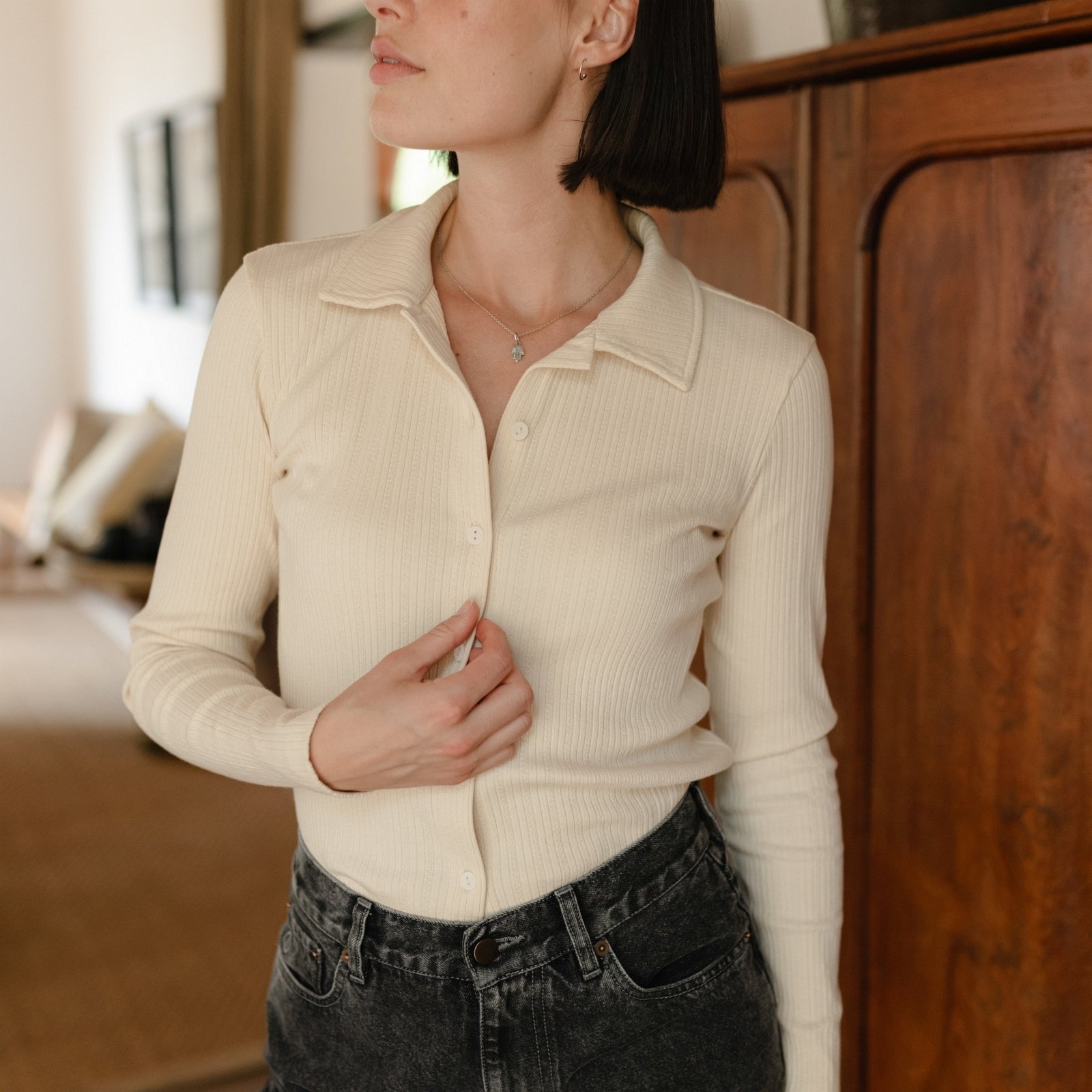 NORDLICHT Blusen Ripp Jersey Bluse Anne Natur Knopfleiste