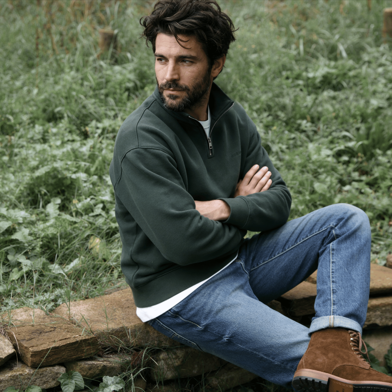 NORDLICHT Flinn Half-Zip Sweater Herren Grün Baumwolle
