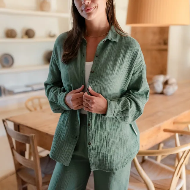 NORDLICHT Falla Oversize Musselin Bluse Grün Bio-Baumwolle