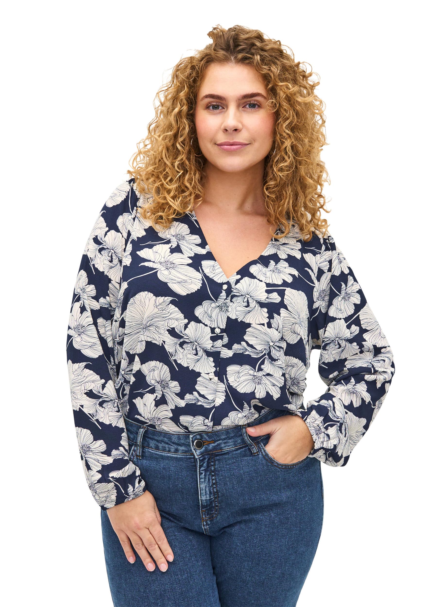 Zizzi Hemdbluse V-Ausschnitt Print Langarm