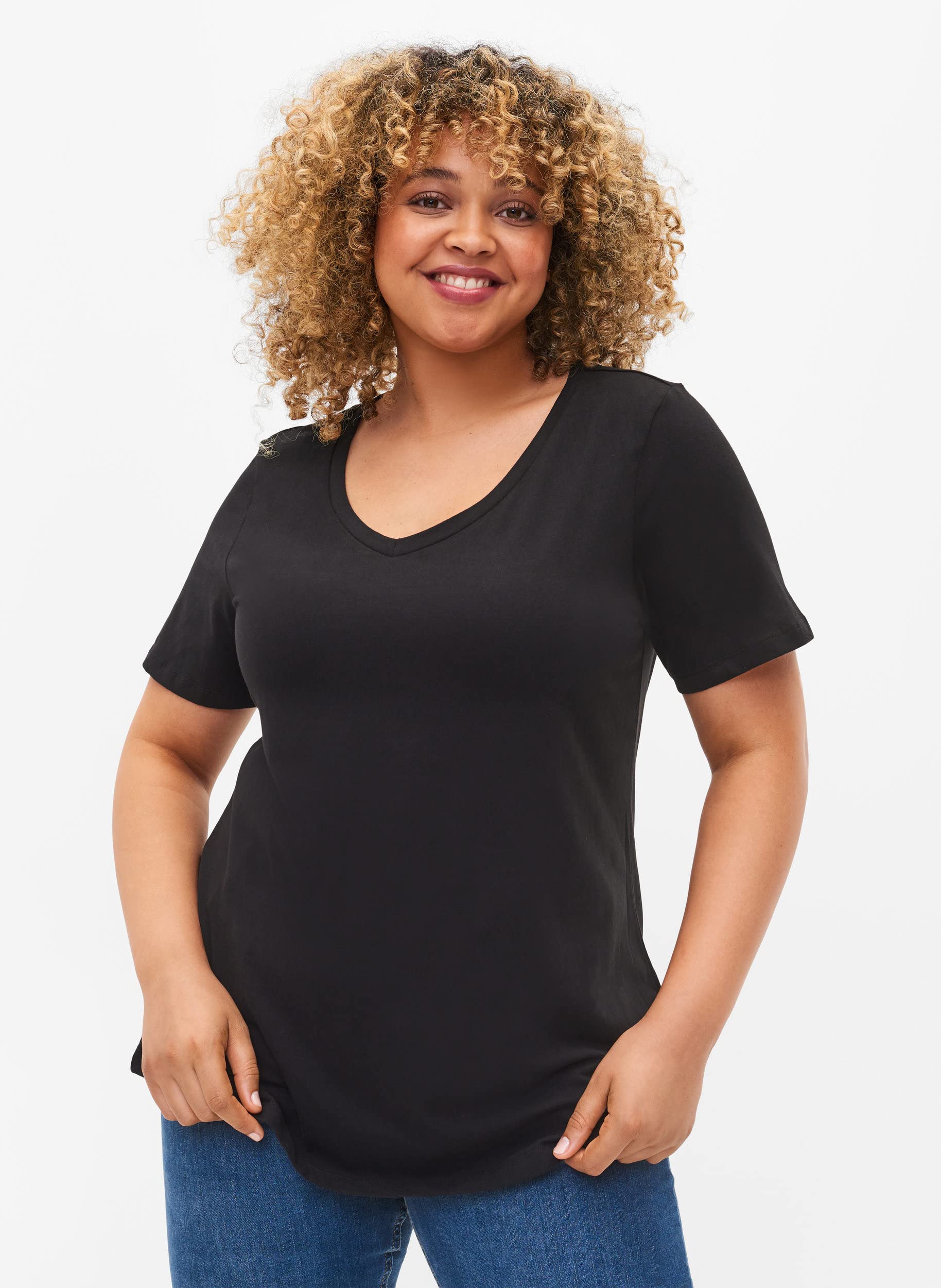 Zizzi Basic T-Shirt Große Größen Schwarz V-Ausschnitt