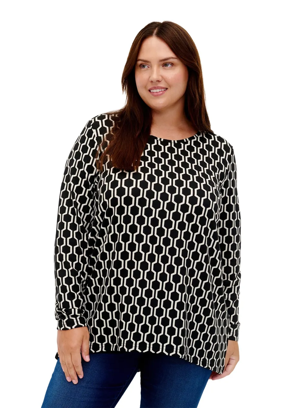 Zizzi Bluse Muster Lange Ärmel Rundhals Große Größen