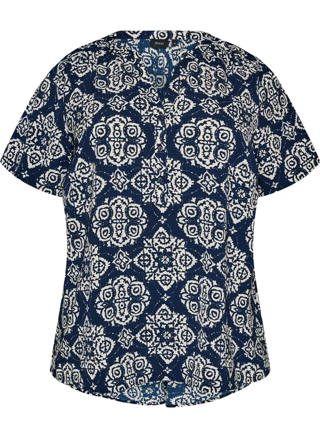 Zizzi Bluse Kurzarm V-Ausschnitt Navy Blazer Große Größen