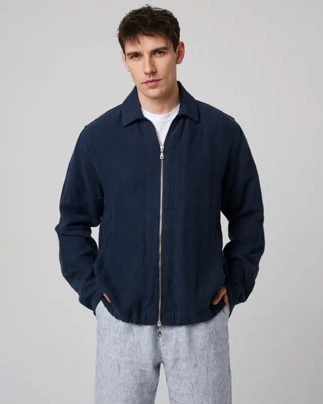 Peregrine Windsor Linen Bomber Jacke Navy Stripe Leinen