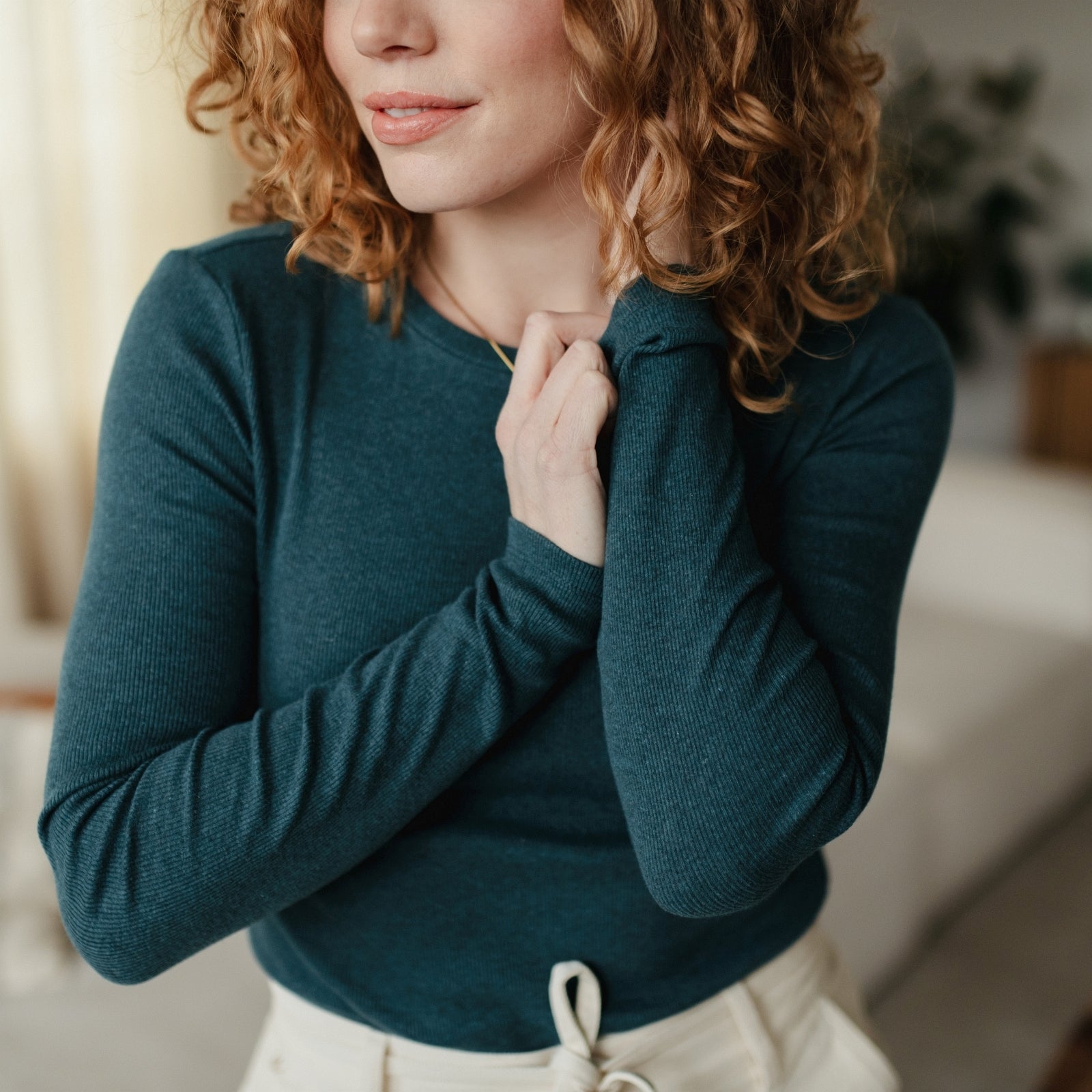 NORDLICHT Lica Langarmshirt Damen Ozeangrün Ripp Bio