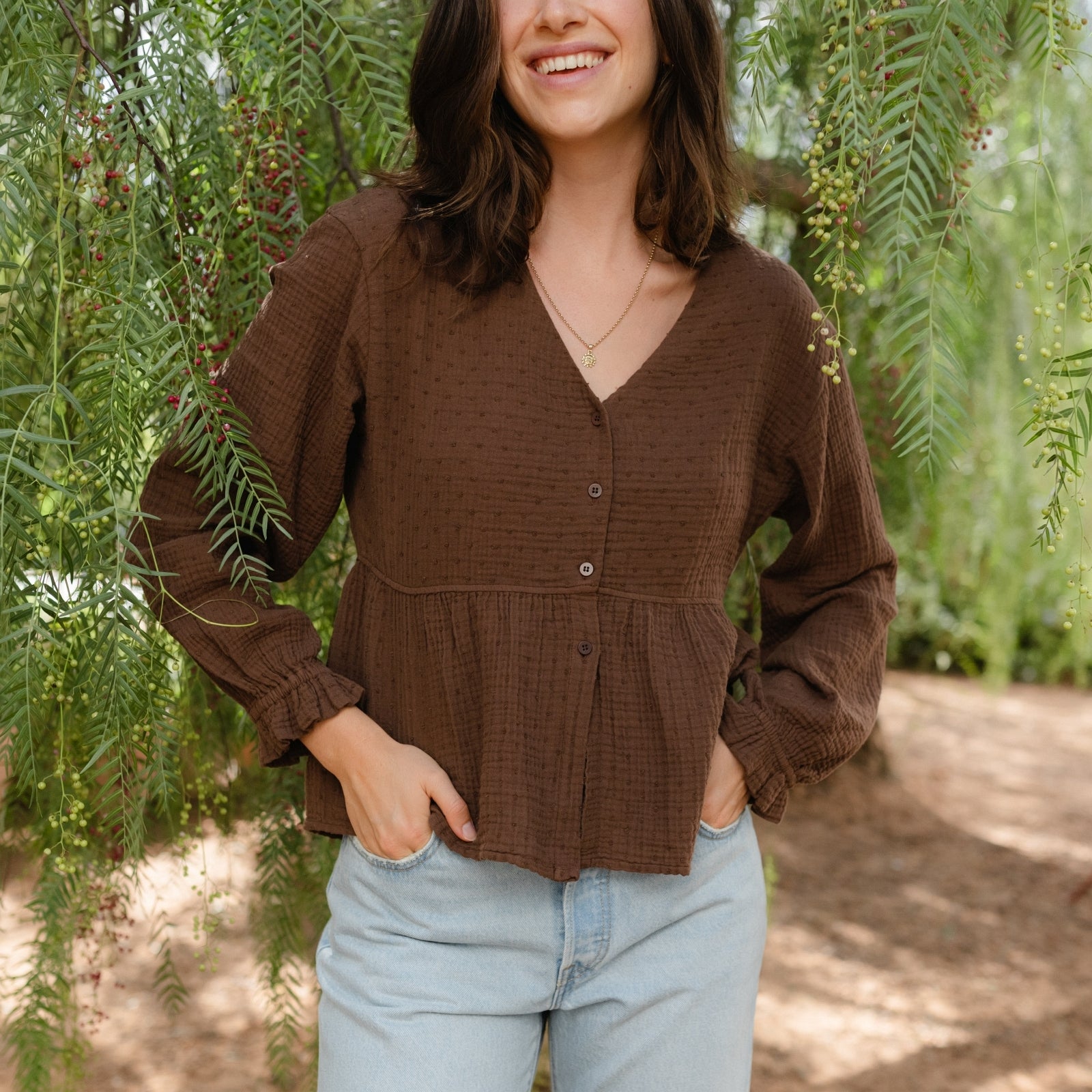 NORDLICHT Selma Musselin Bluse Braun mit Punkten