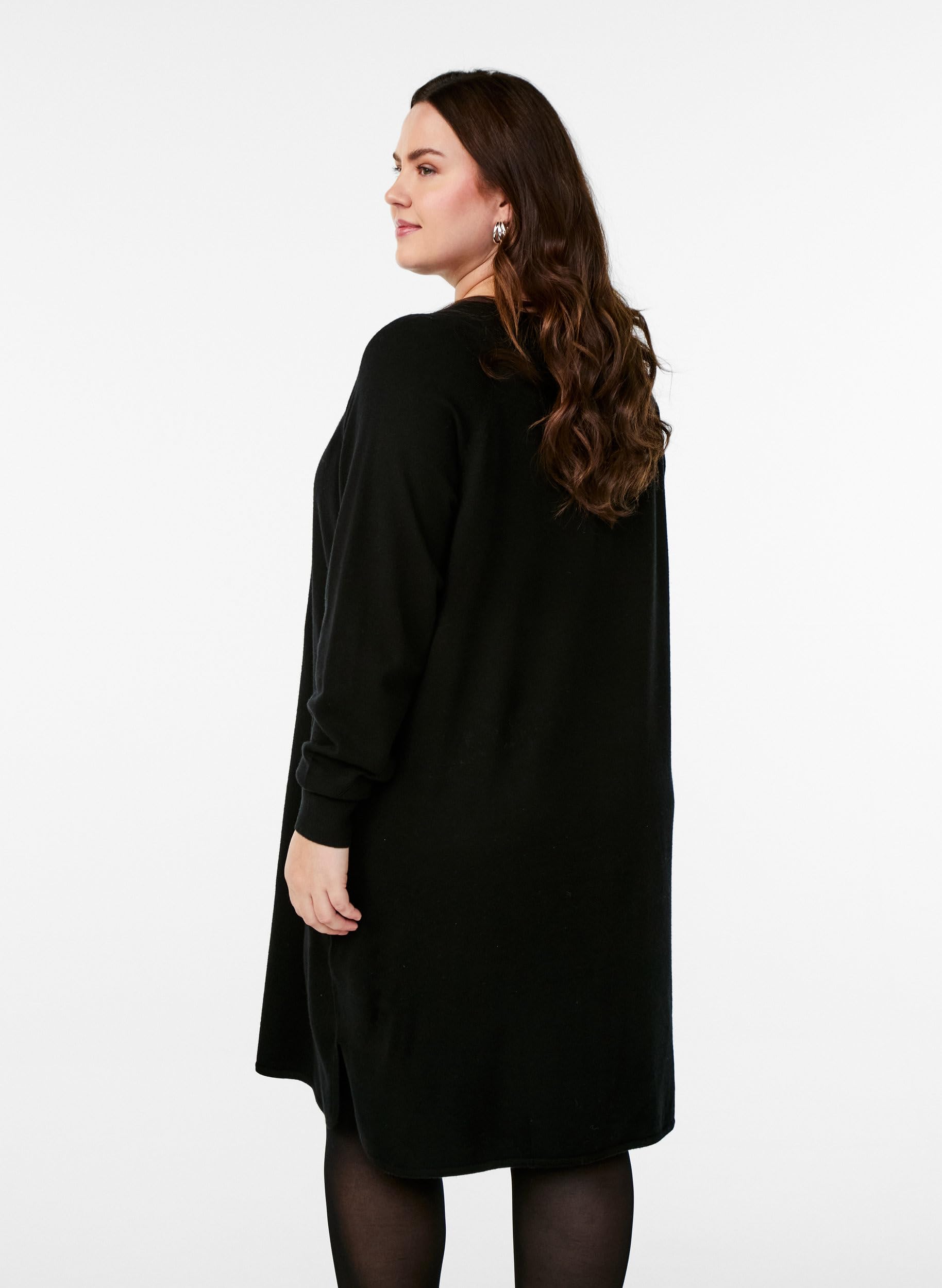 Zizzi Dresses Strickkleid Rundhals Schlitz Black große Größen