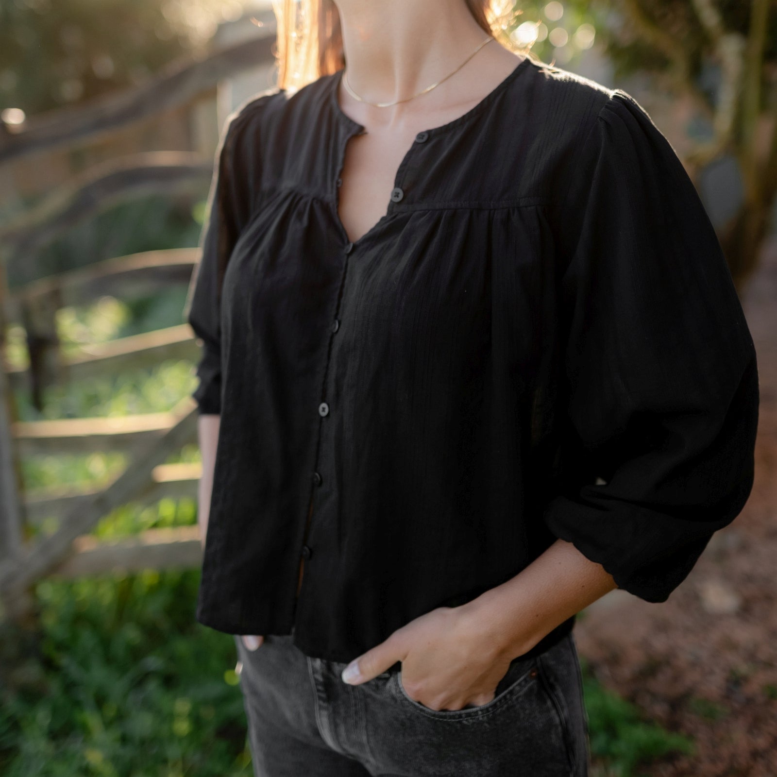 NORDLICHT Blusen Birga Jacquard Boho Bluse Schwarz luftig