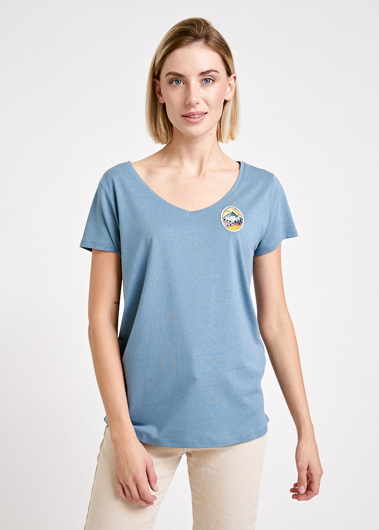 Wijld Peak V-Ausschnitt WoodShirt Damen Blau Lyocell
