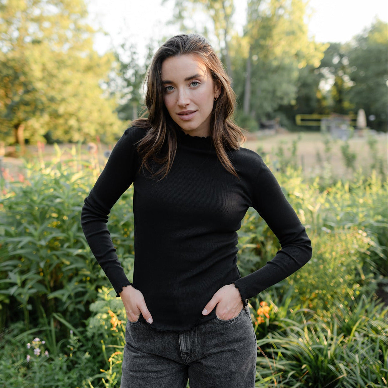 NORDLICHT Lica Ripp Langarmshirt schwarz M Stehkragen