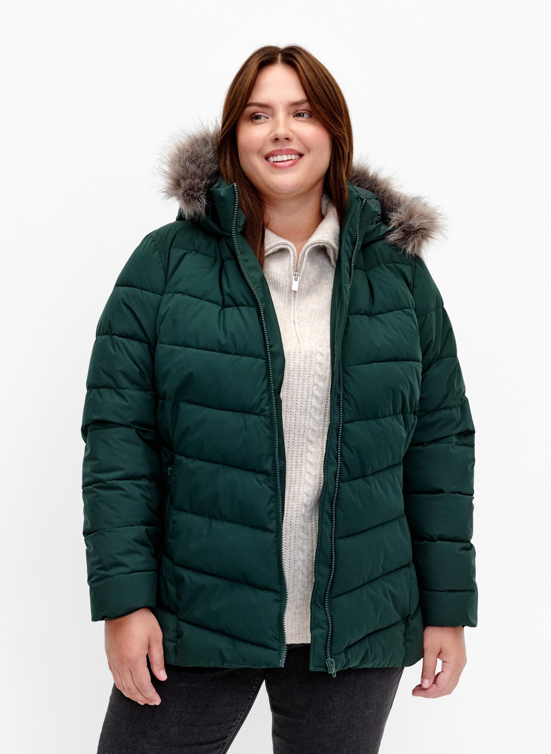 Zizzi Steppjacke Kapuze Fellkragen Schwarz Damen