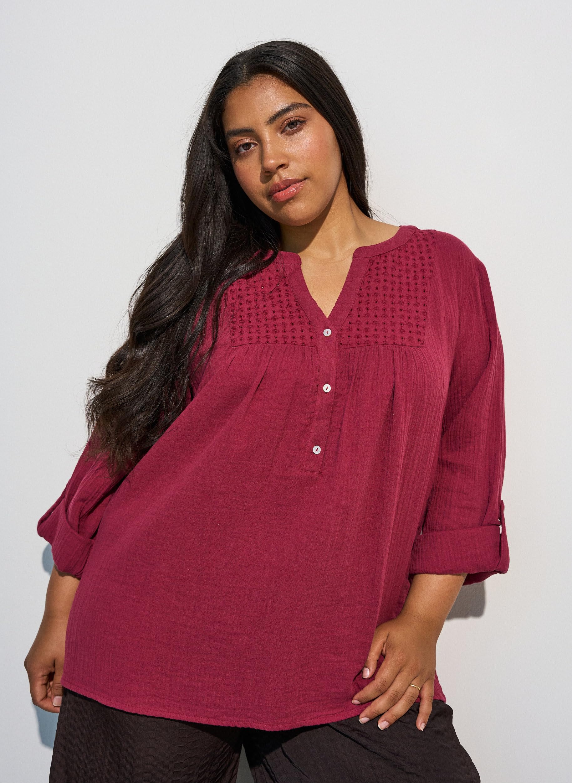 Zizzi Musselinbluse Damen Rhododendron Lochstickerei Gr.50-52