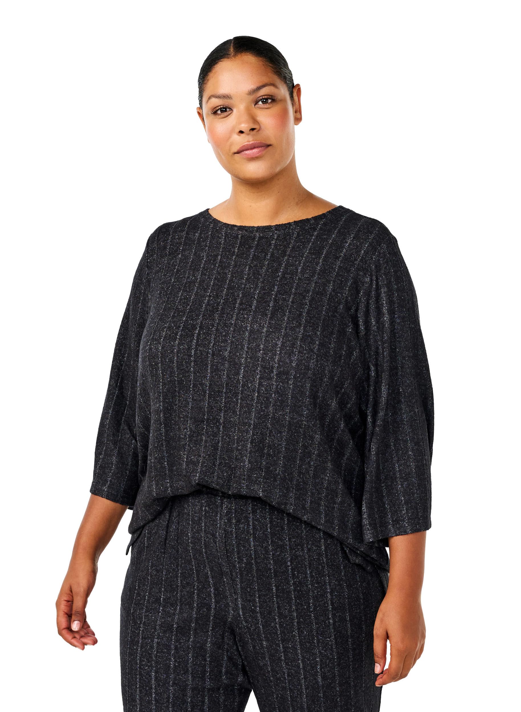 Zizzi Bluse 3/4-Ärmel Black Melange gestreift