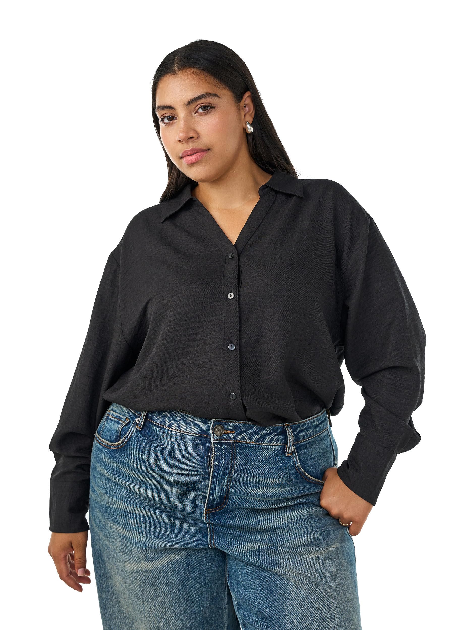 Zizzi Hemdbluse V-Ausschnitt Langarm Schwarz Große Größen