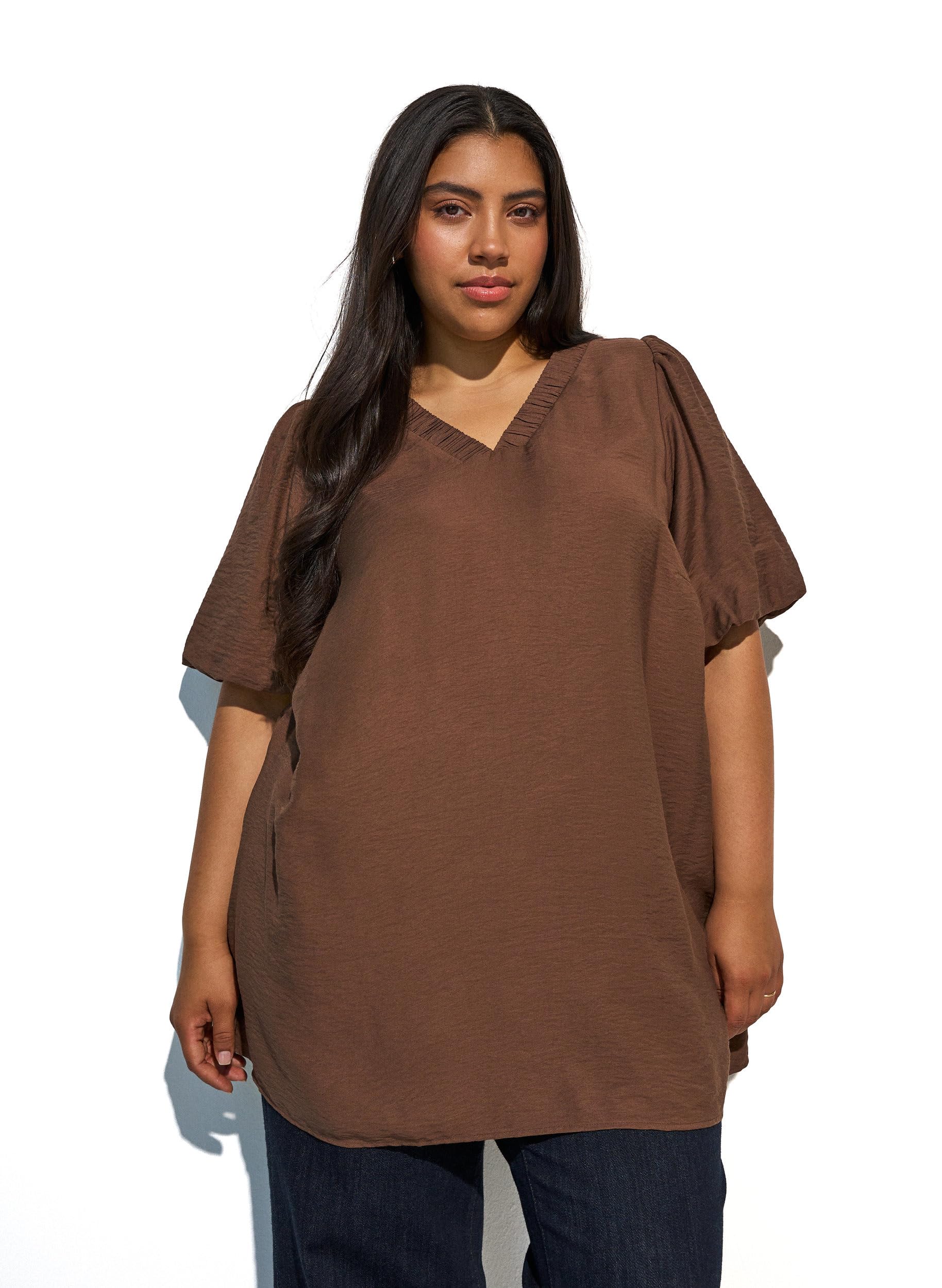 Zizzi Tunika V-Neck Puffärmel T-Shirt Große Größen Viskose
