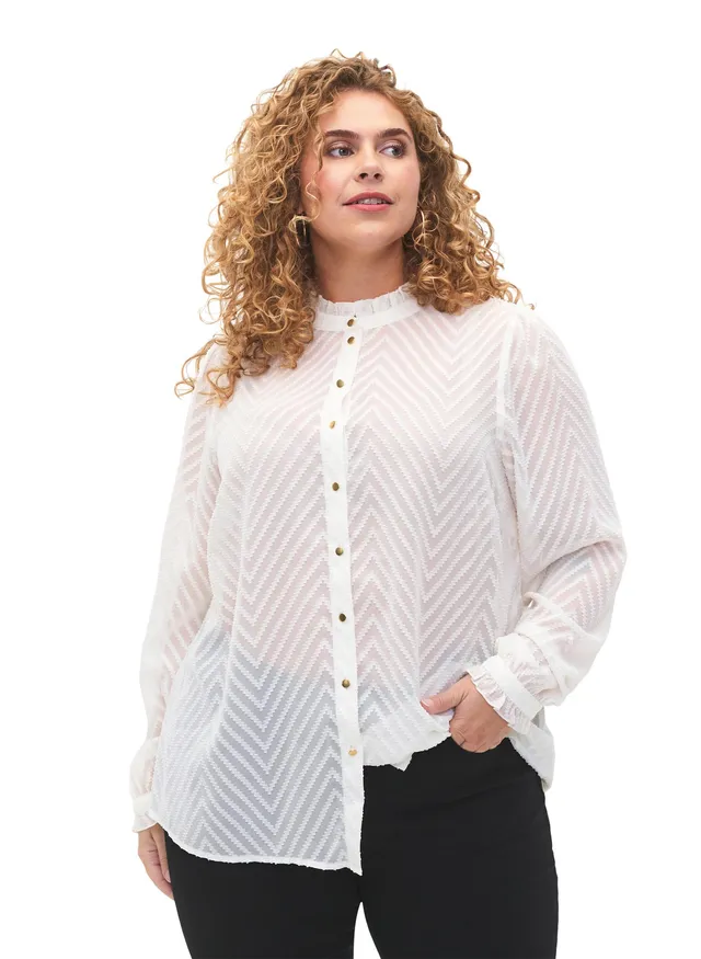 Zizzi Hemdbluse Langarm Rüschen Bluse Große Größen transparent