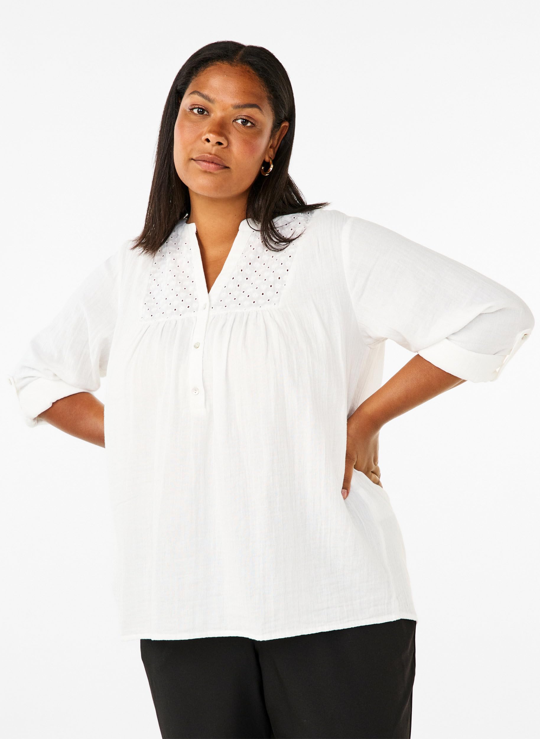 Zizzi Blouses Bluse Baumwolle Langarm Lochstickerei