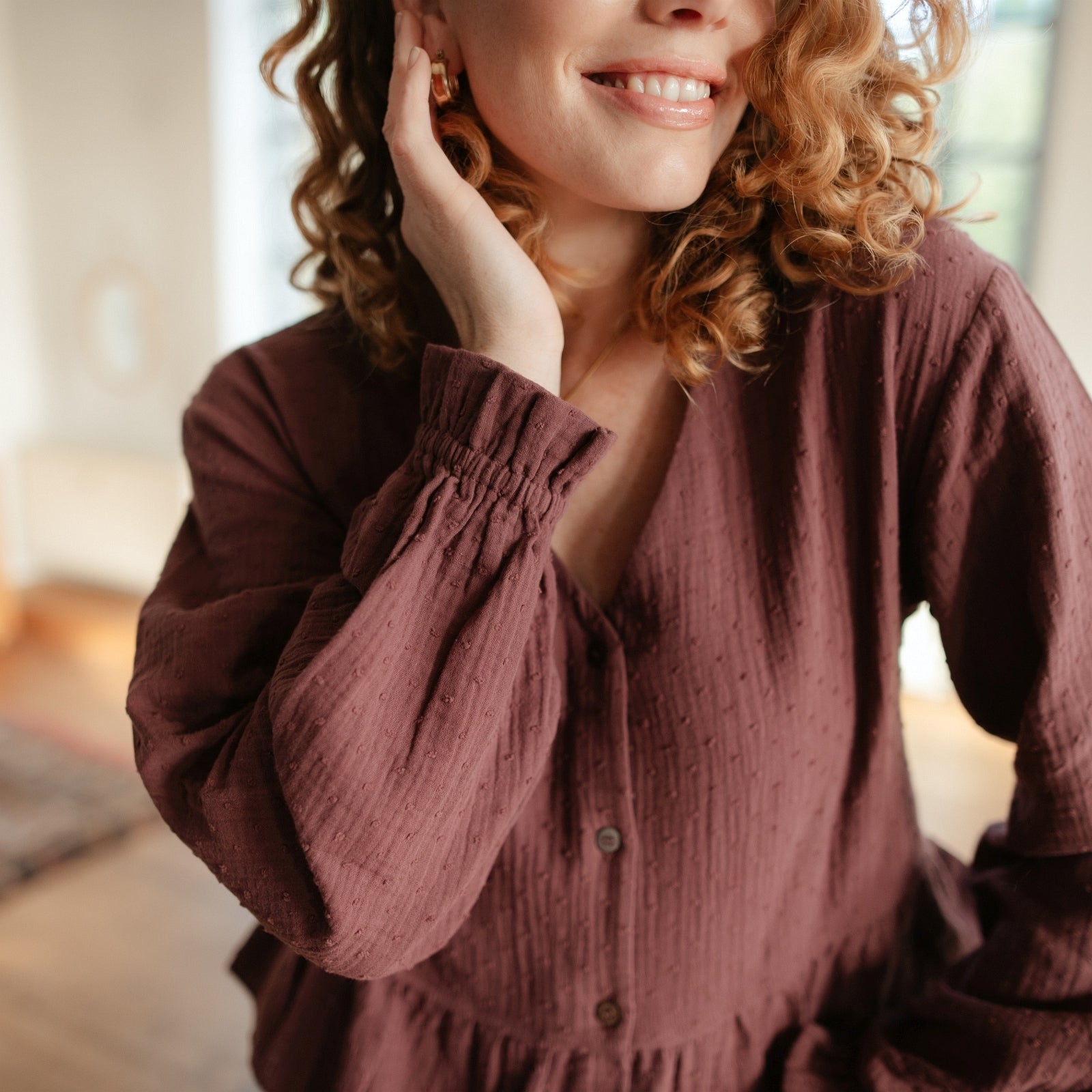 Nordlicht Selma Musselin Bluse Punkte Aubergine Bio-Baumwolle