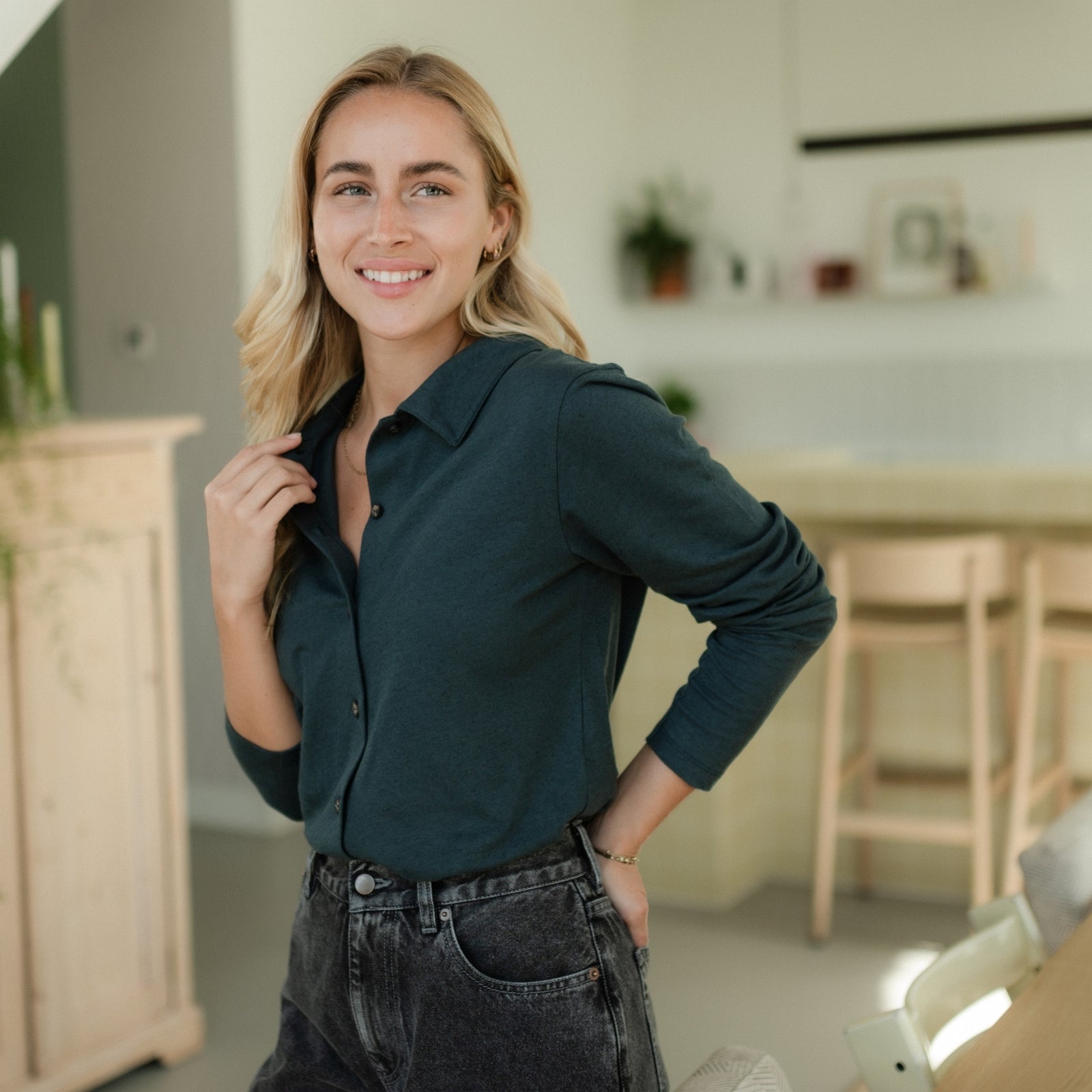 Nordlicht Sara Jersey Bluse Grün Leinenmix