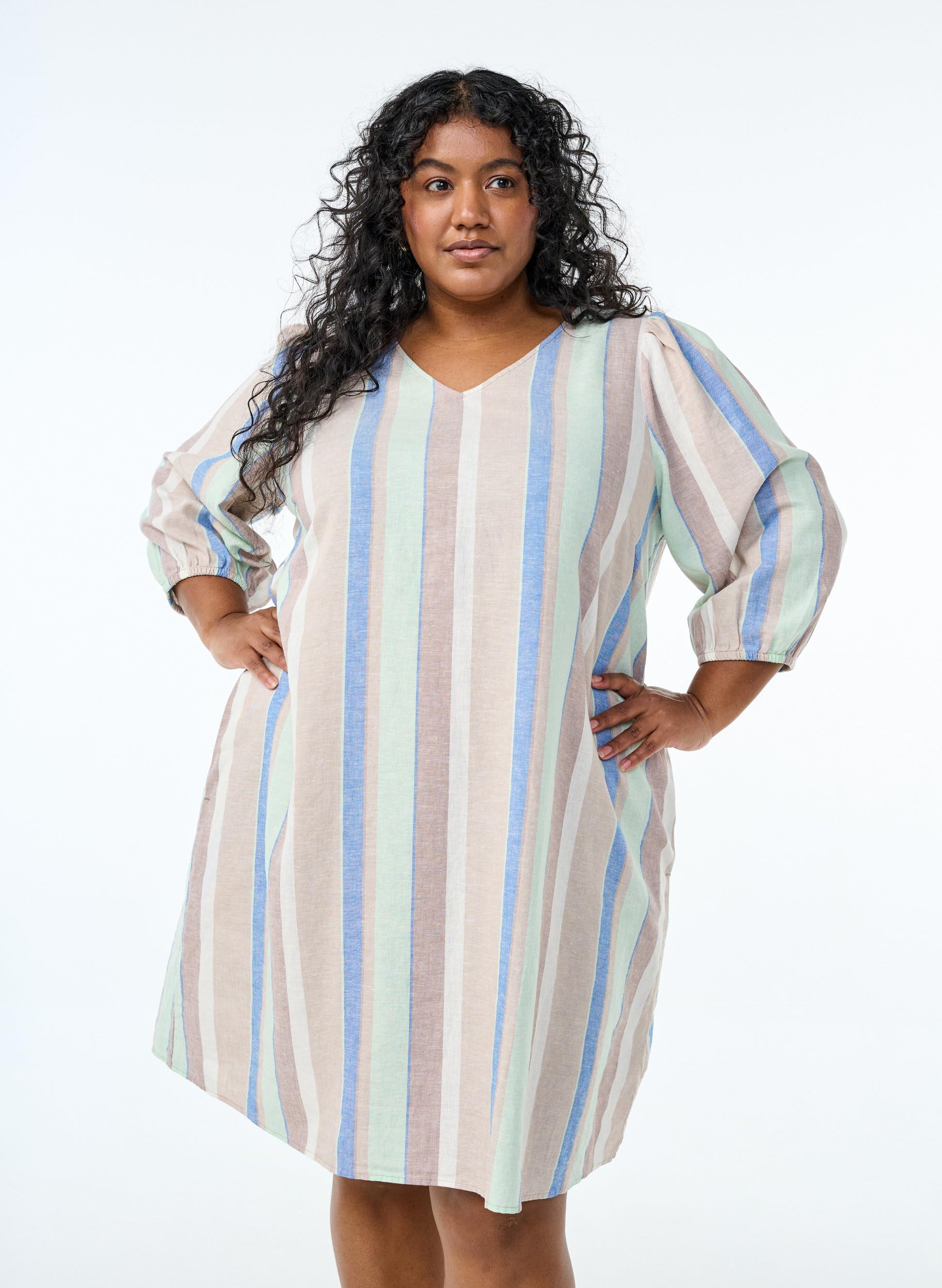 Zizzi Kleid 3/4-Ärmel Streifen Leinen-Viskose 42-60