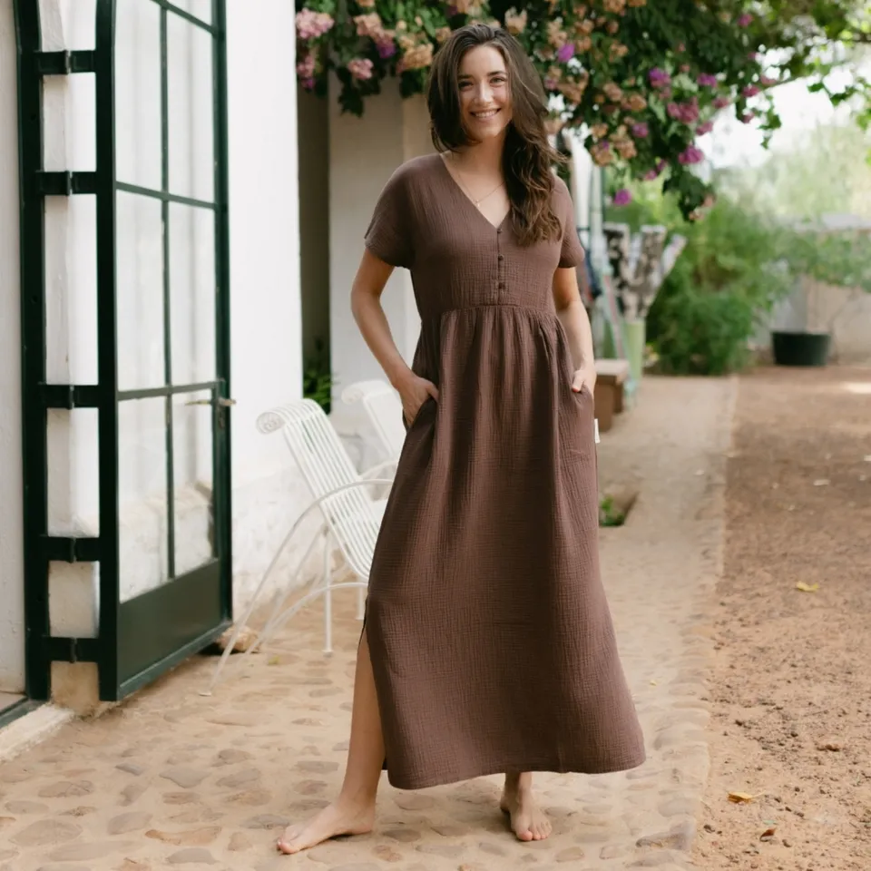 Nordlicht Alma Lang Musselin Kleid Braun Maxi