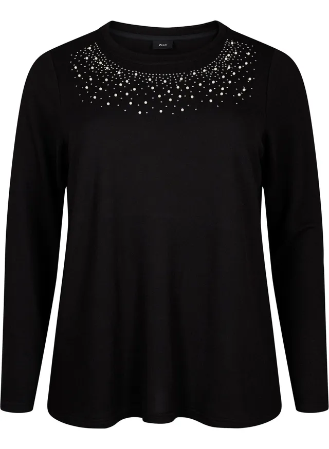 Zizzi Bluse Perlen Strass Langarm Rundhals Große Größen