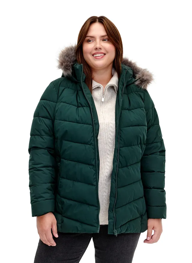 Zizzi Steppjacke Kapuze Fellkragen Schwarz Damen
