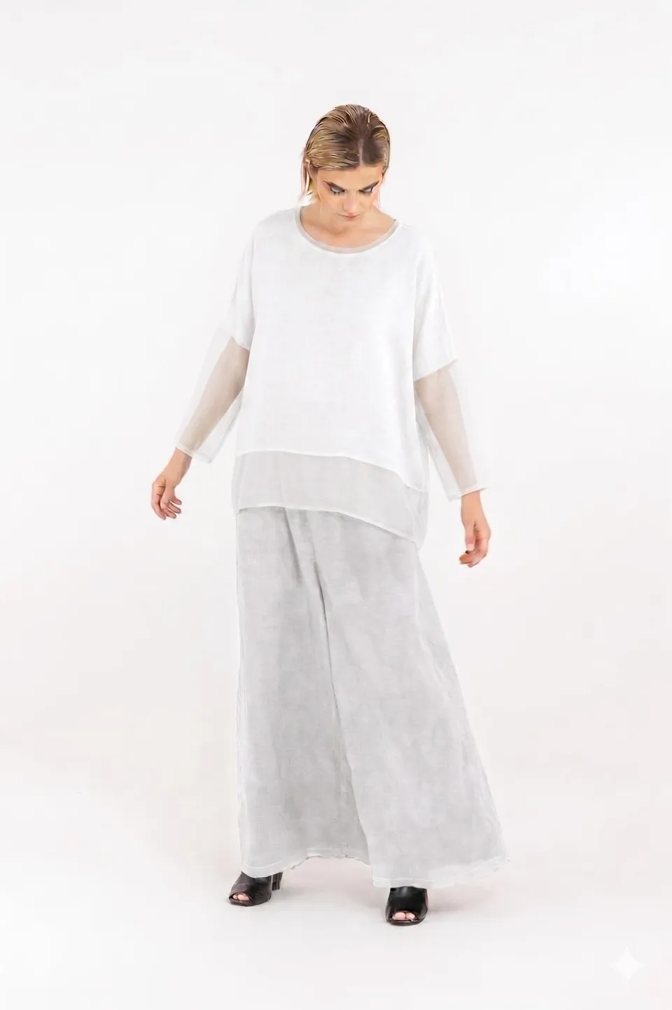 Sanctamuerte T-Shirt Boxy Shirt Viskose V-Ausschnitt Rüsche