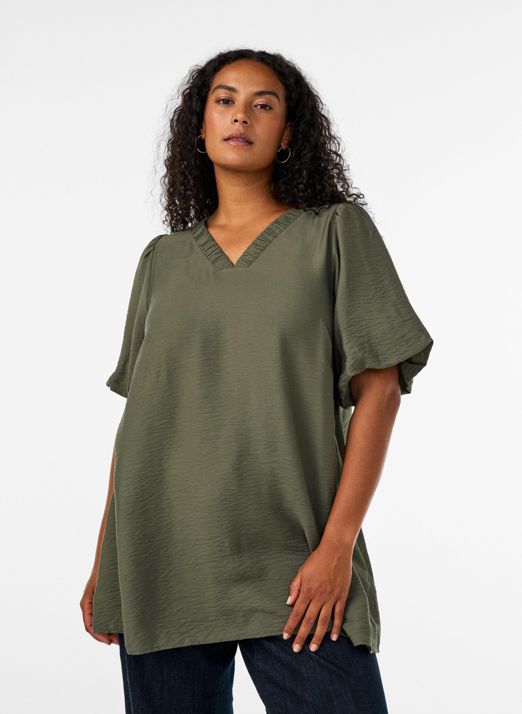 Zizzi Tunika V-Neck Puffärmel T-Shirt Große Größen Viskose