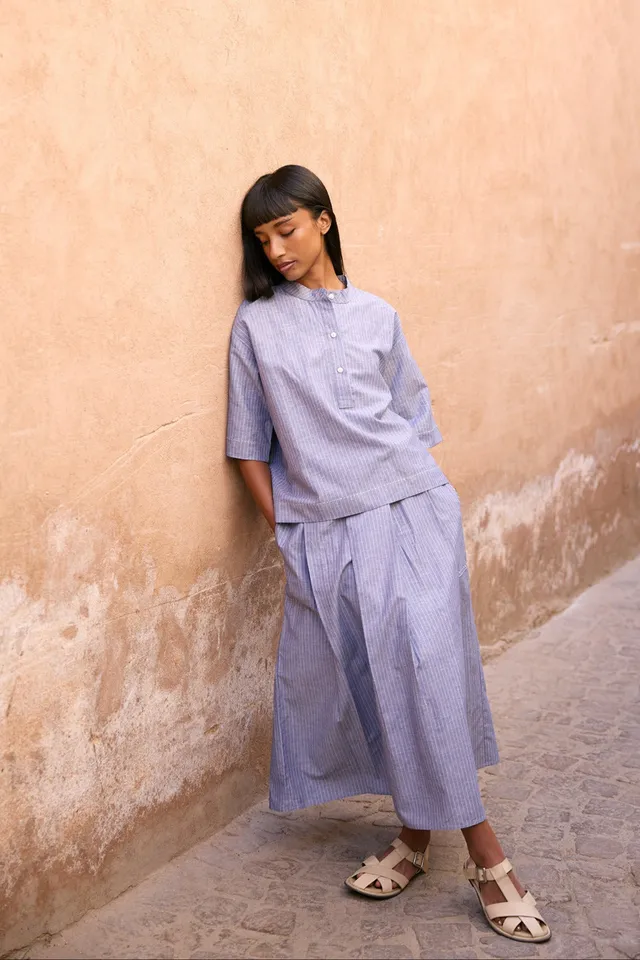 Christiane Strobel ANNY Rock Midi A-Linie Babyblau Nadelstreifen