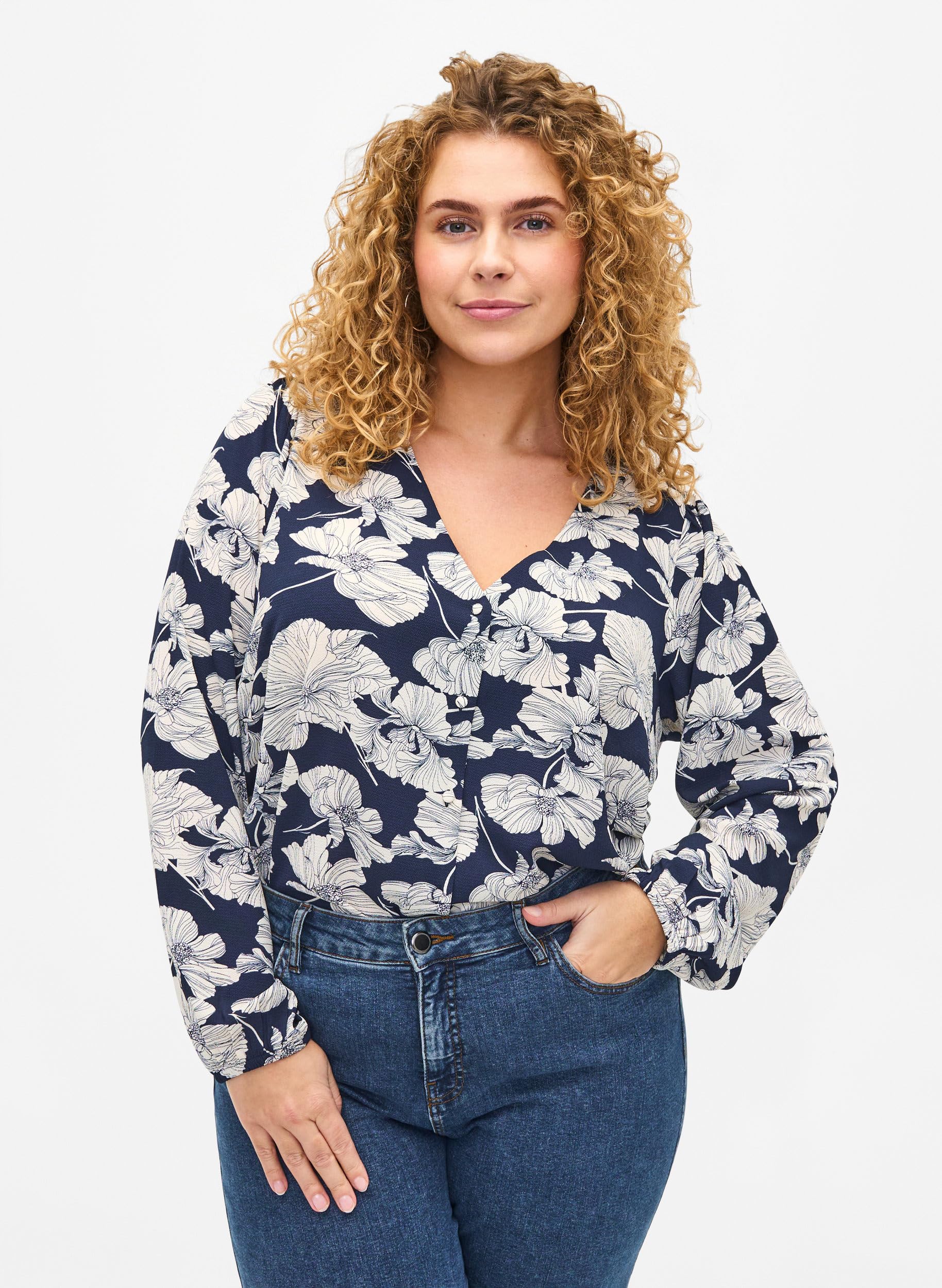 Zizzi Hemdbluse V-Ausschnitt Print Langarm