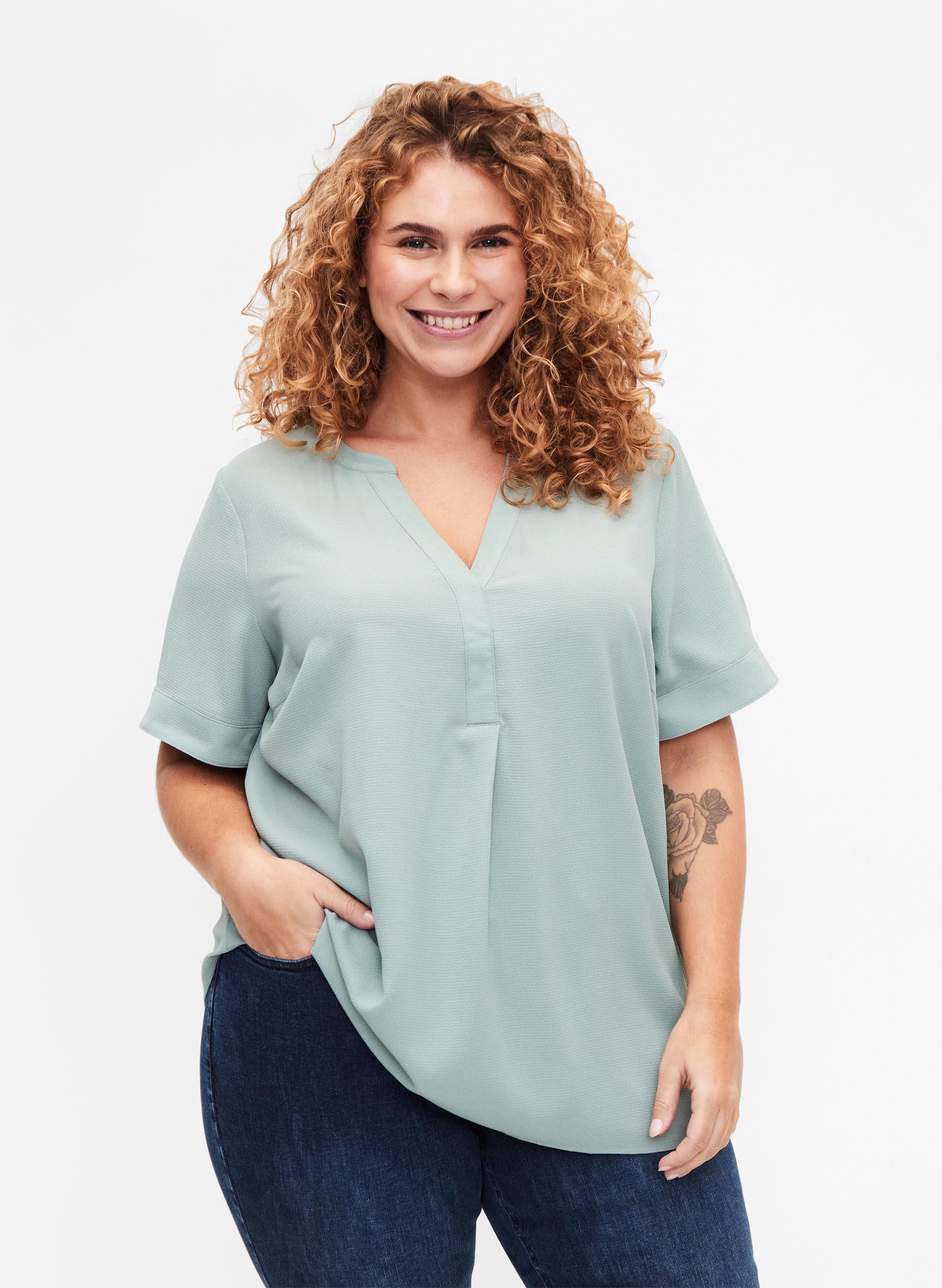 Zizzi Bluse Kurzarm Damen V-Ausschnitt Recycelt