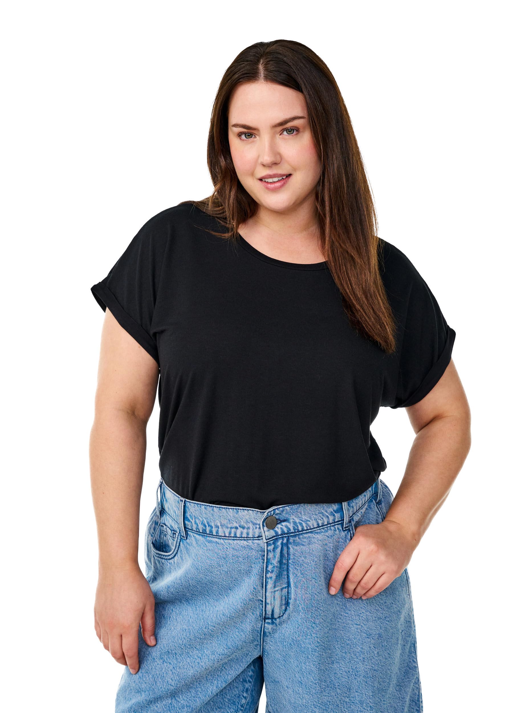 Zizzi T-Shirt Rundhals Viskose Black Solid 46-48 Große Größen