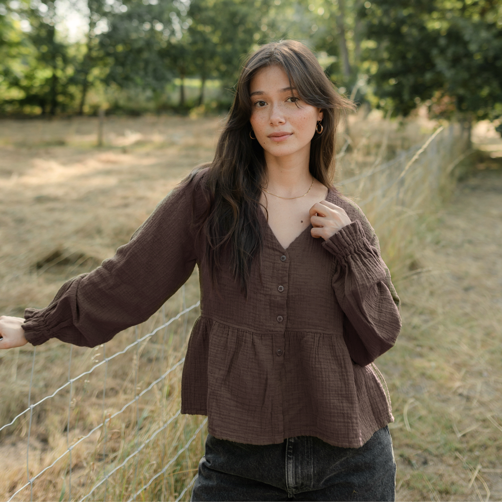 NORDLICHT Selma Musselin Bluse Braun mit Punkten