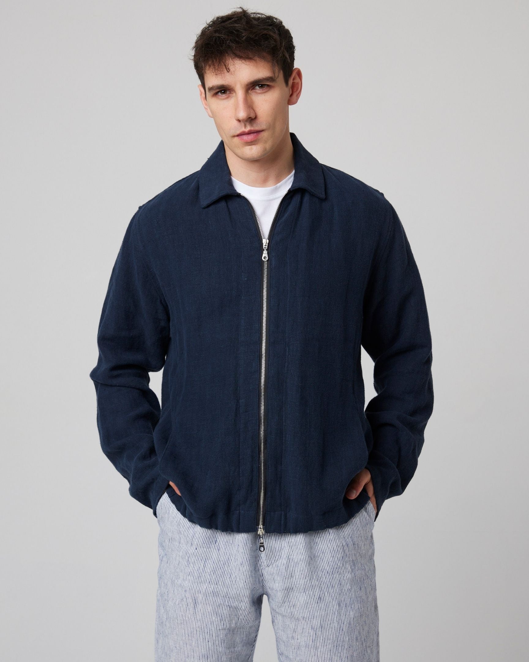 Peregrine Windsor Linen Bomber Jacke Navy Stripe Leinen