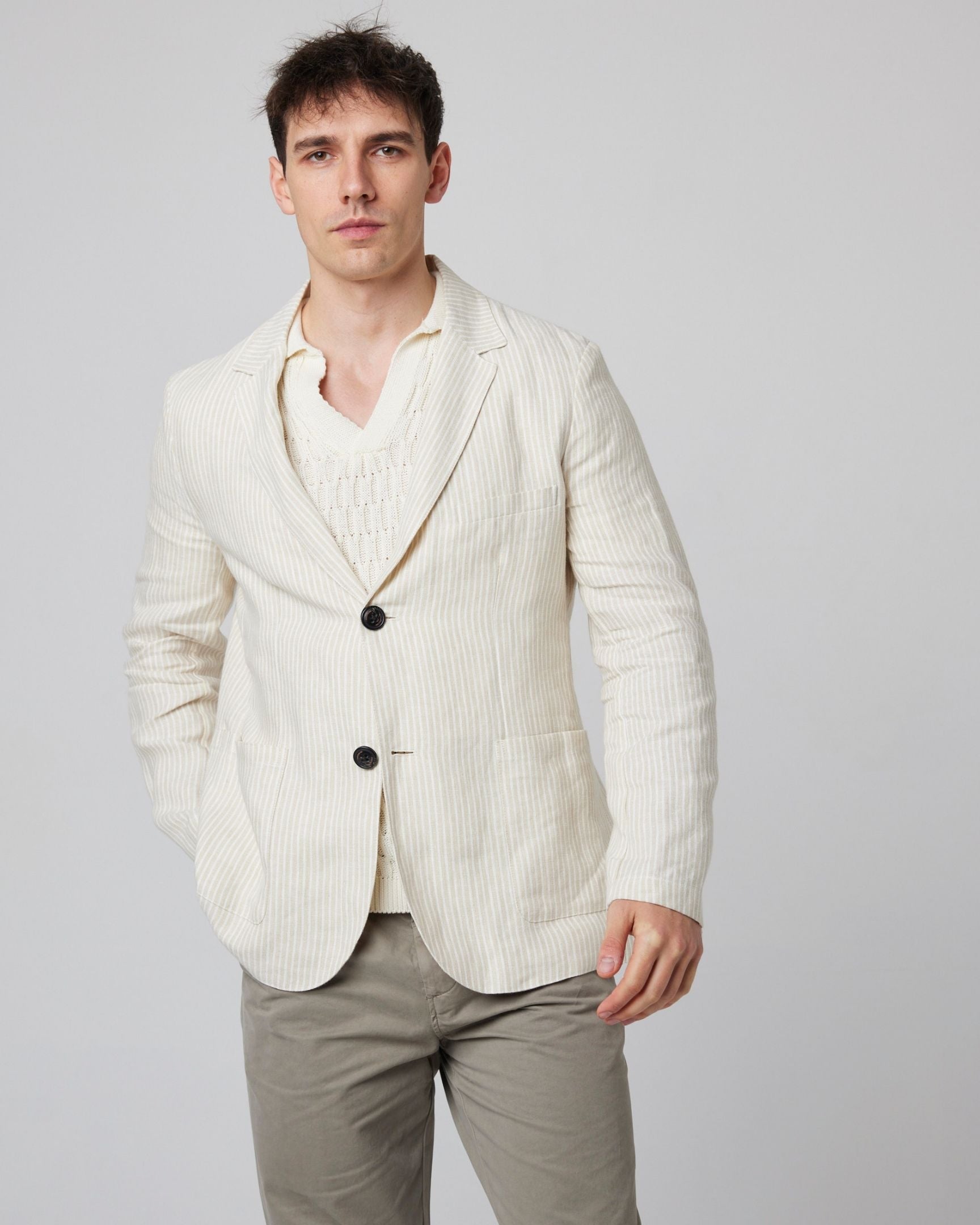 Peregrine Windsor Linen Blazer Herren Beige Candy Stripe L