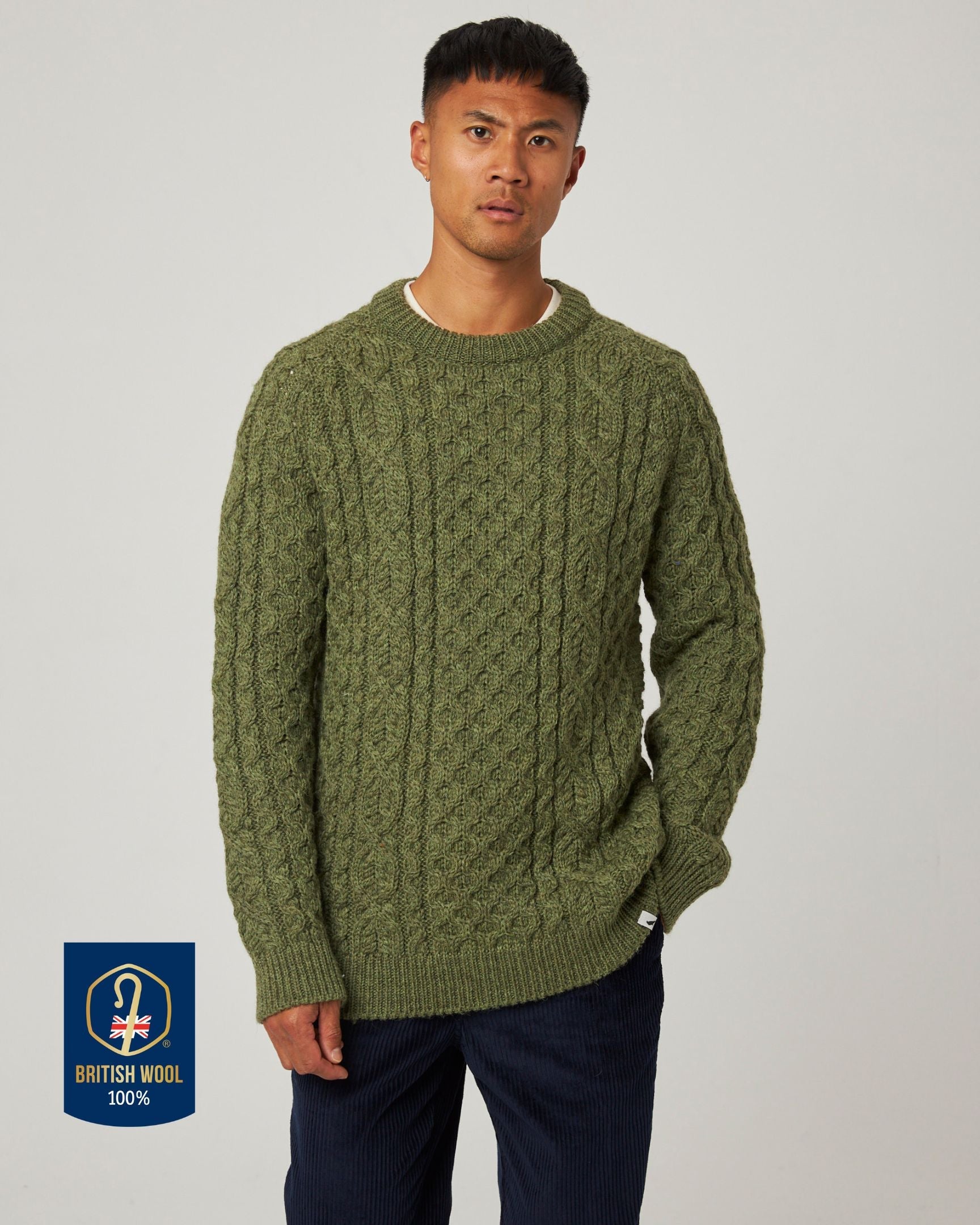 Peregrine Hudson Aran Pullover Olive British Wool