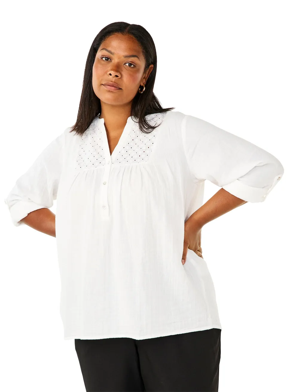 Zizzi Blouses Bluse Baumwolle Langarm Lochstickerei