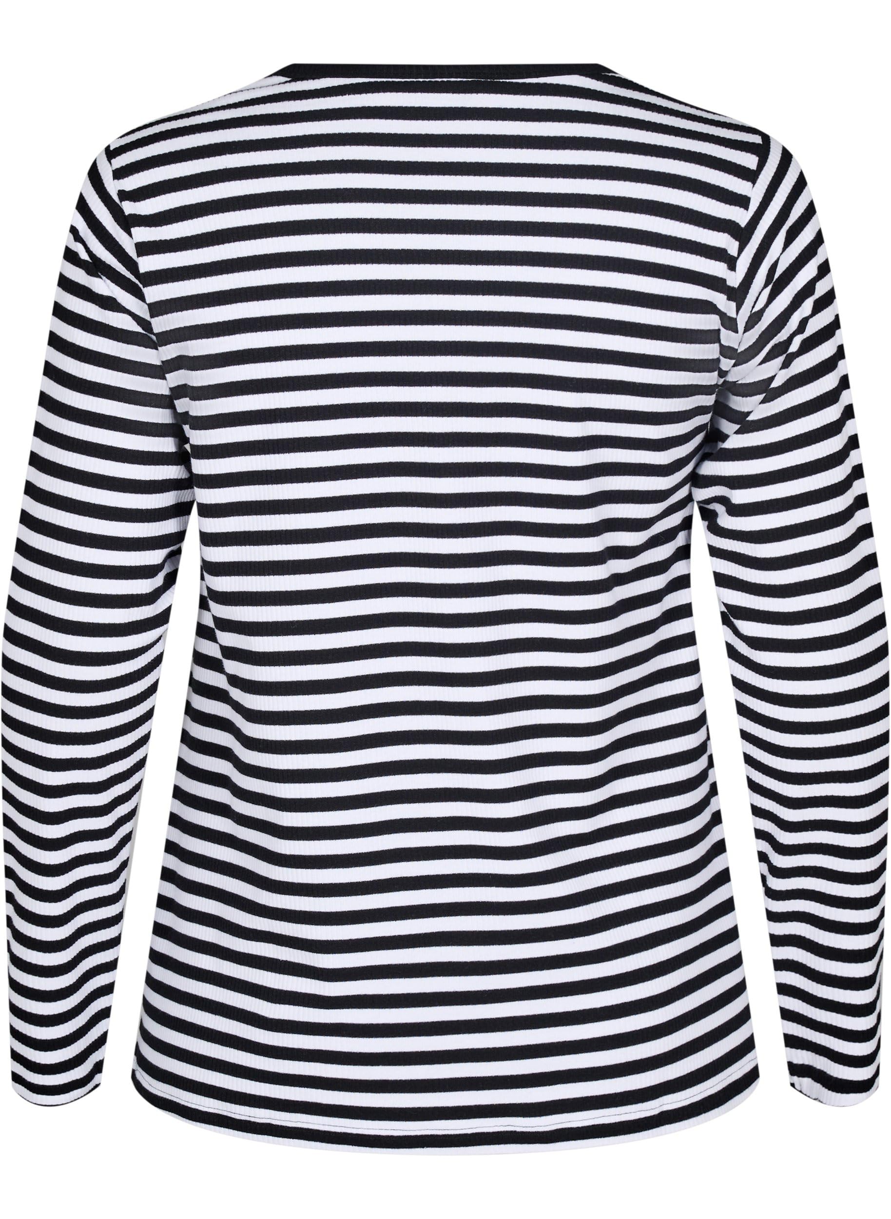 Zizzi Blouses Streifen-Bluse Langarm Baumwolle Black/White 50-52
