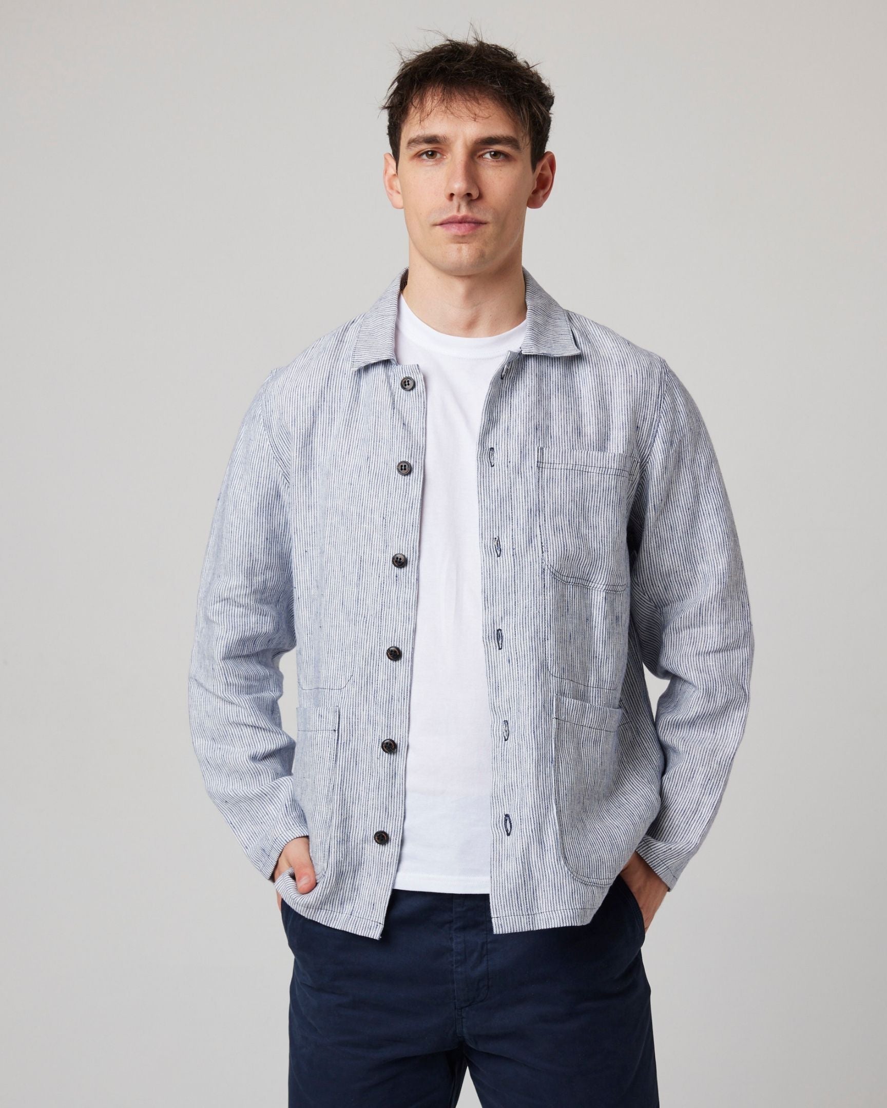 Peregrine Windsor Linen Shacket Hemdjacke Navy Stripe Leinen