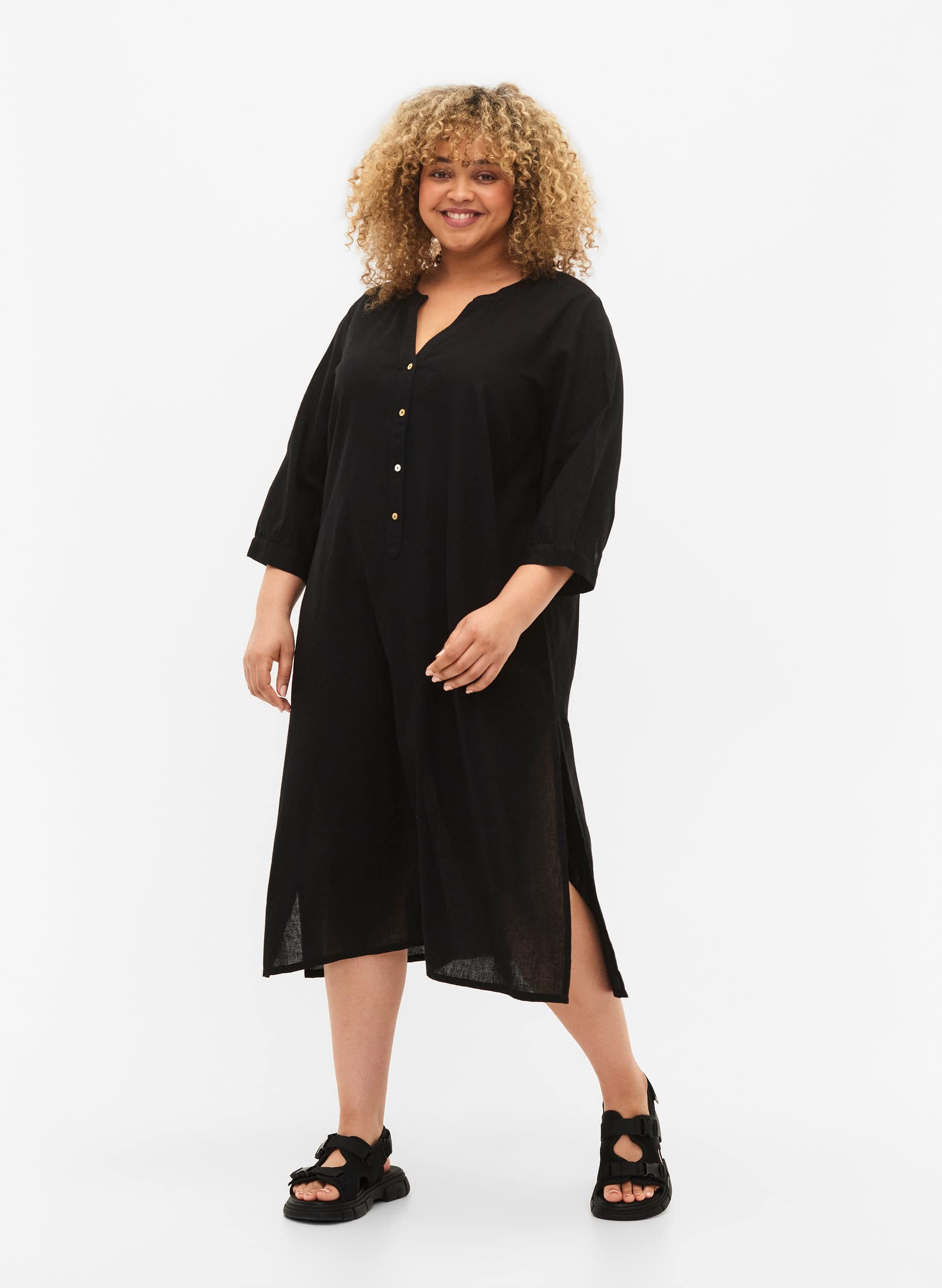 Zizzi Hemdkleid Damen 3/4-Arm Baumwolle Leinen