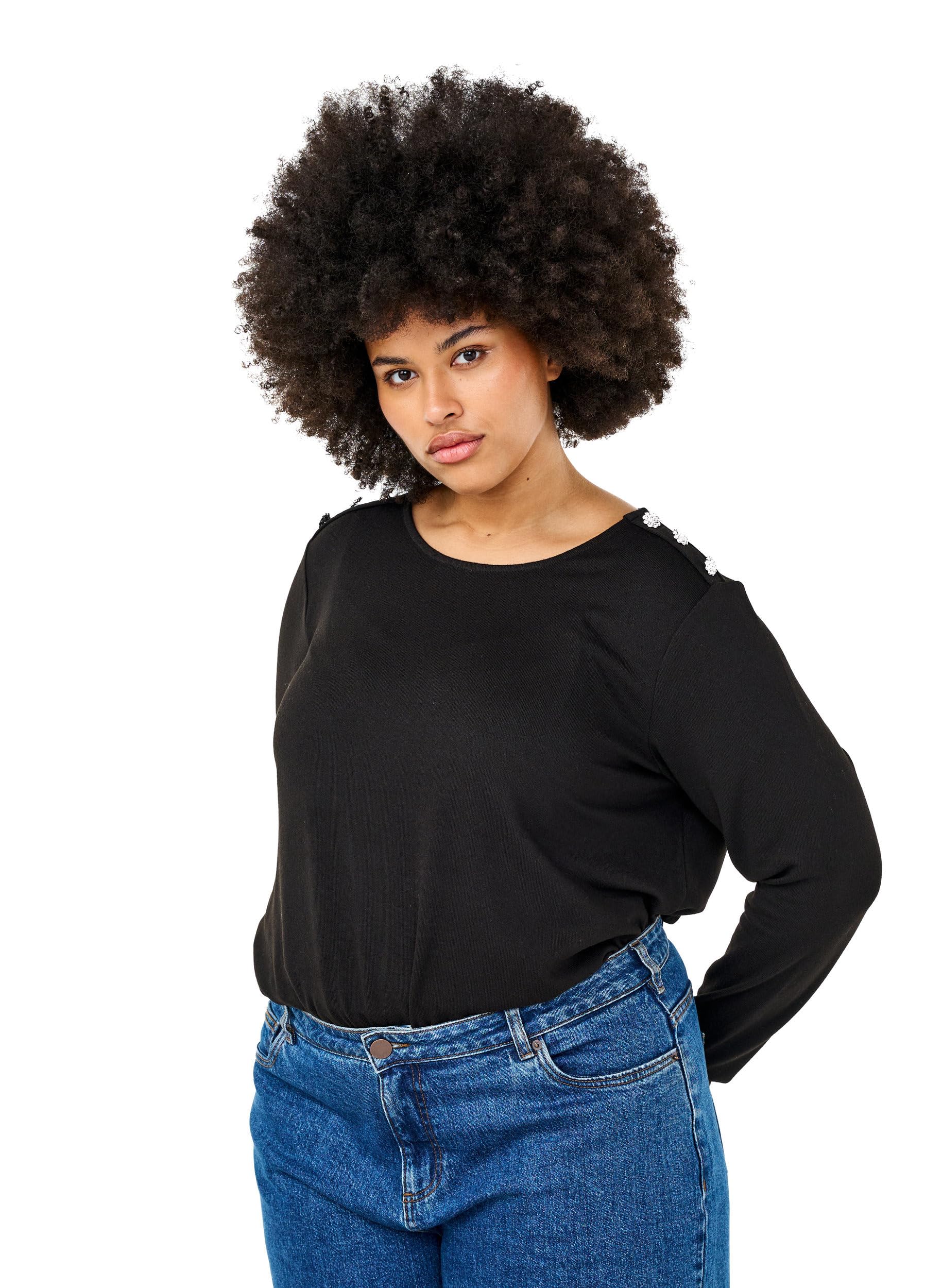 Zizzi Bluse Damen Langarm Rundhals Schwarz große Größen