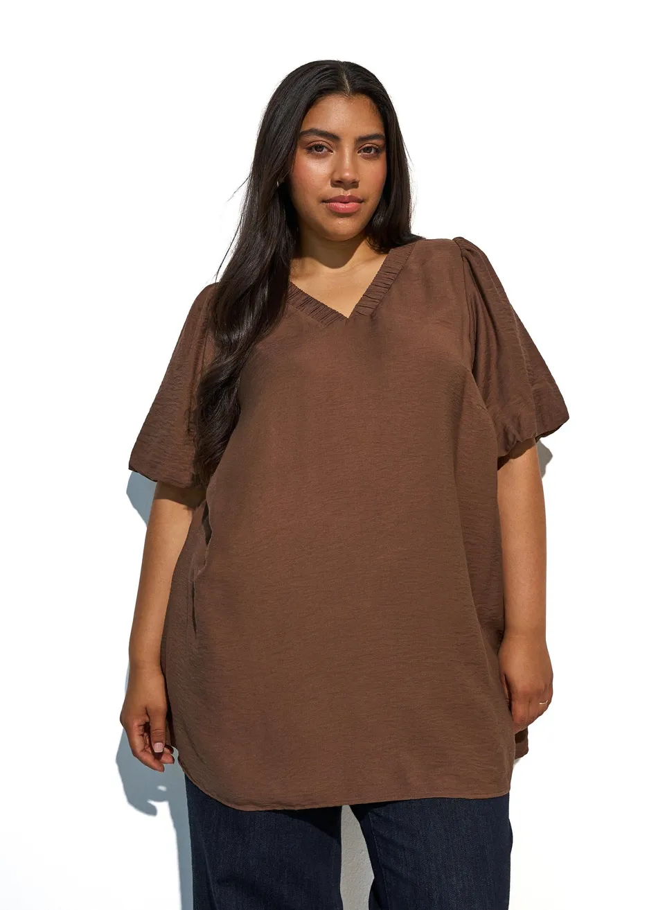 Zizzi Tunika V-Neck Puffärmel T-Shirt Große Größen Viskose