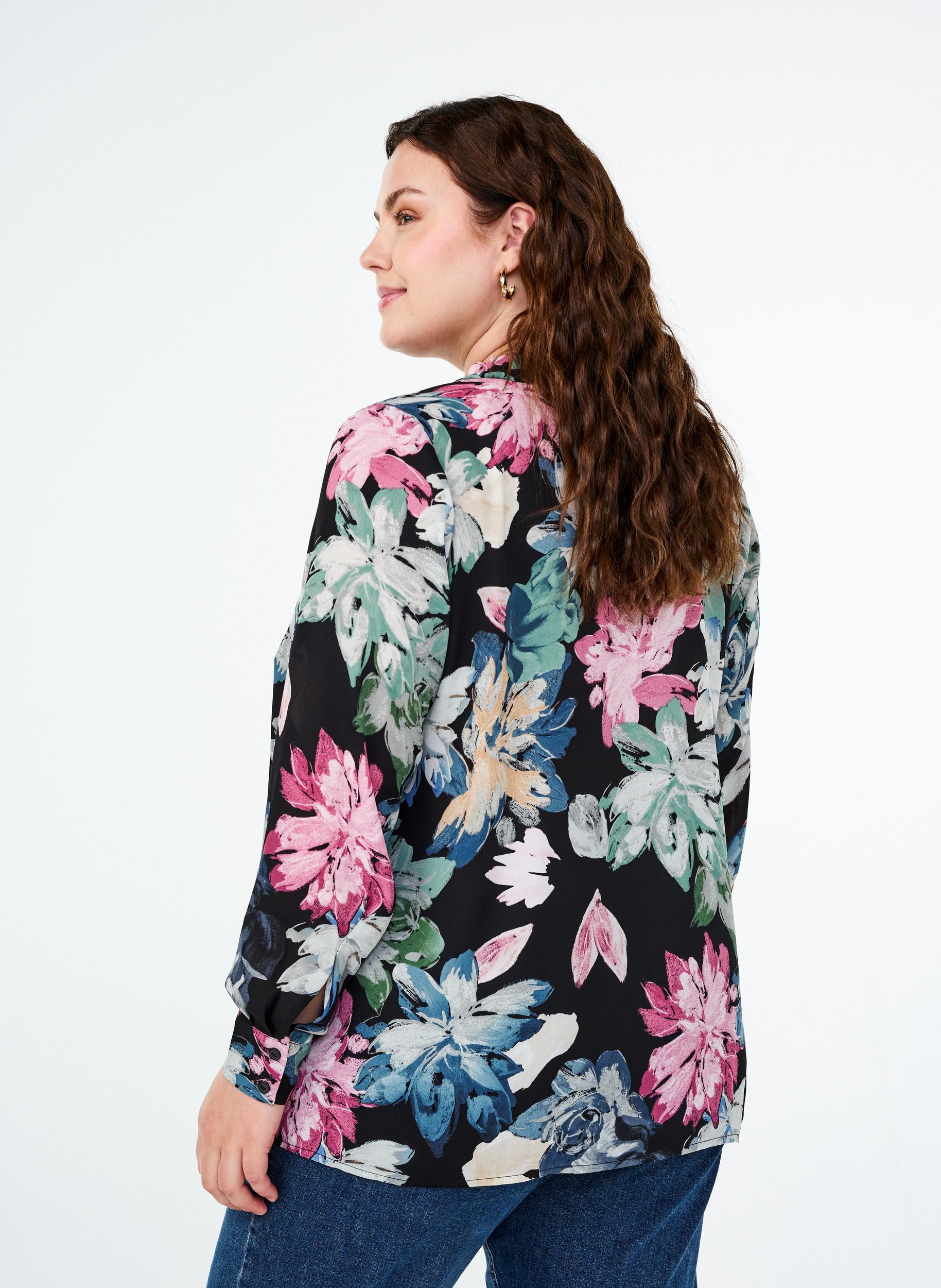 Zizzi Bluse Blumendruck Langarm Rüschenkragen 42-60