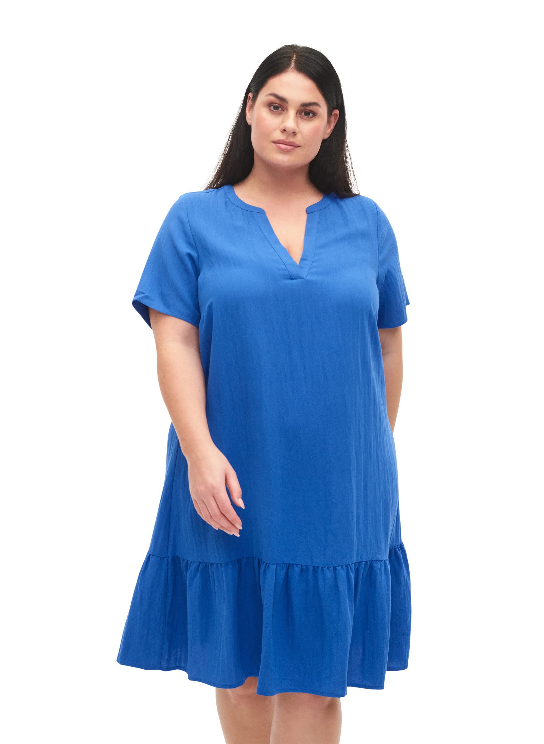 Zizzi Viskose Kleid Damen V-Ausschnitt Rüsche Kurzarm