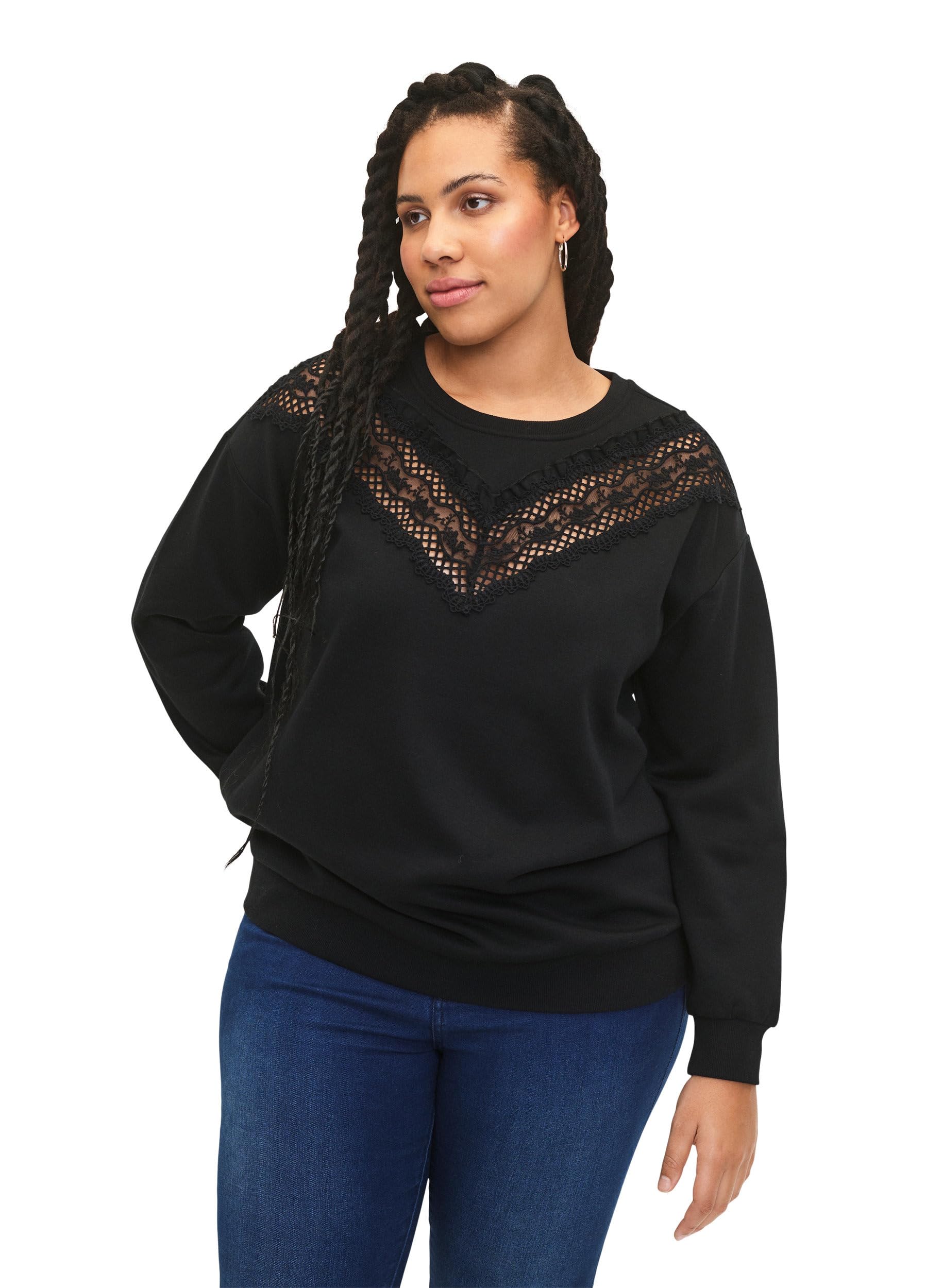 Zizzi Sweats Sweatshirt Rundhals Große Größen Rüschen Häkel